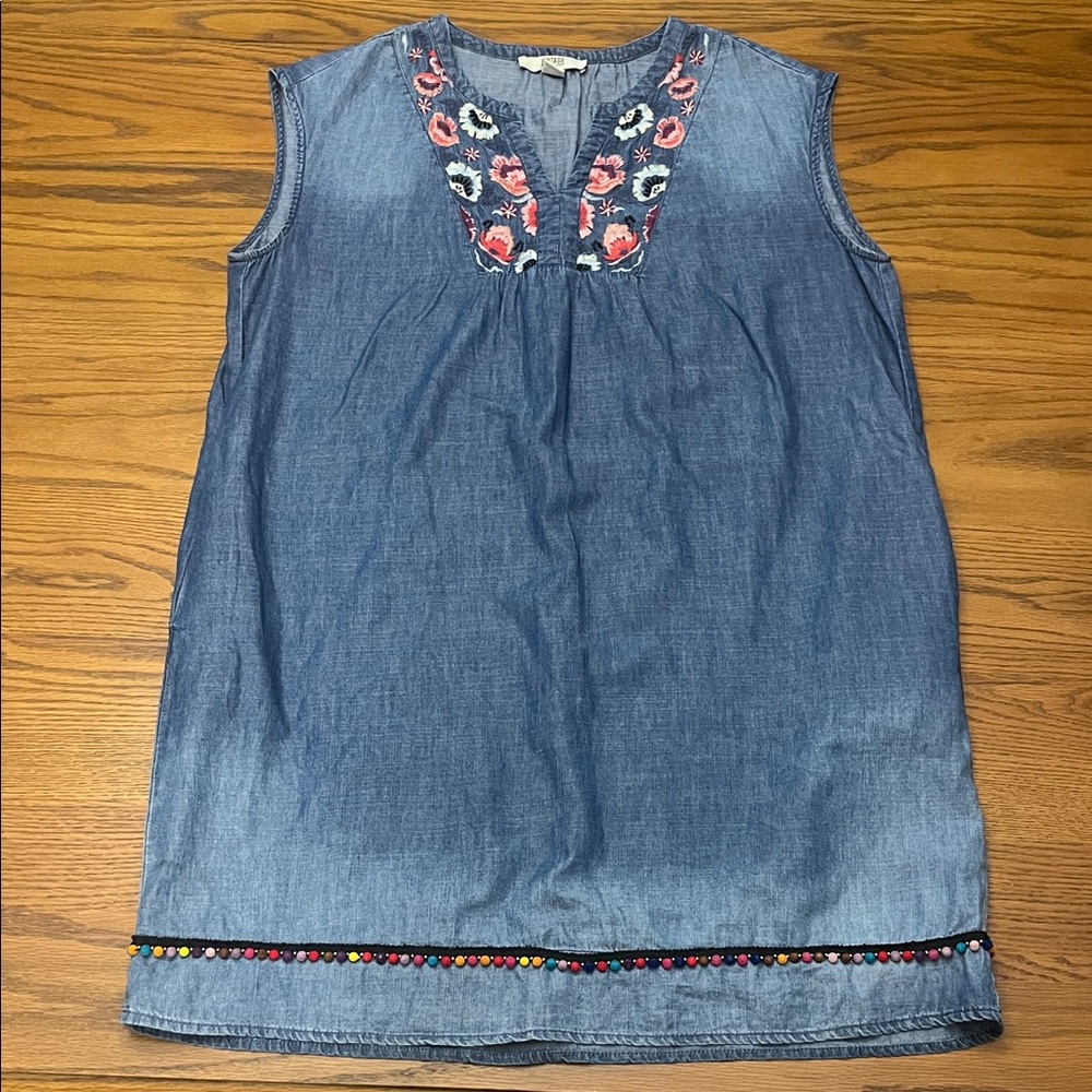 Vintage America Blue Embroidered Chambray Dress with Pom Trim